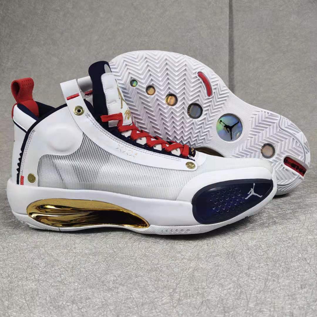 2019 Air Jordan 34 White Blue Gold Red Shoes - Click Image to Close